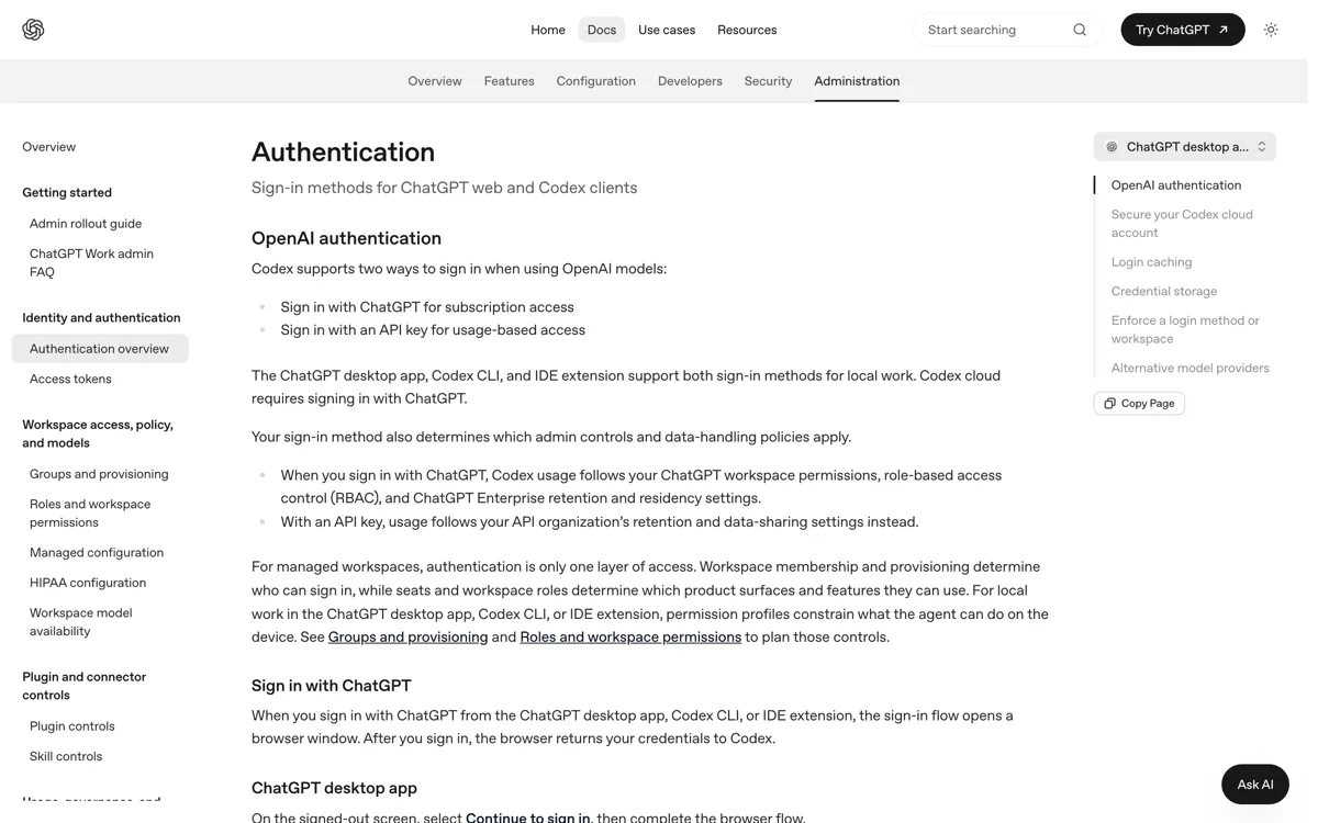 De officiele Codex-documentatie over inloggen waarin het verschil staat tussen inloggen met je ChatGPT-account en inloggen met een API-sleutel.