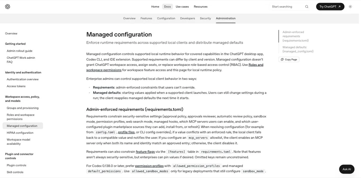 De pagina Managed configuration van ChatGPT met het onderscheid tussen requirements, die beheerders afdwingen en gebruikers niet kunnen overrulen, en managed defaults, die als startwaarde gelden maar door de gebruiker aan te passen zijn. Requirements kunnen onder meer de approval policy, sandbox-modus en toegestane MCP-servers vastleggen.