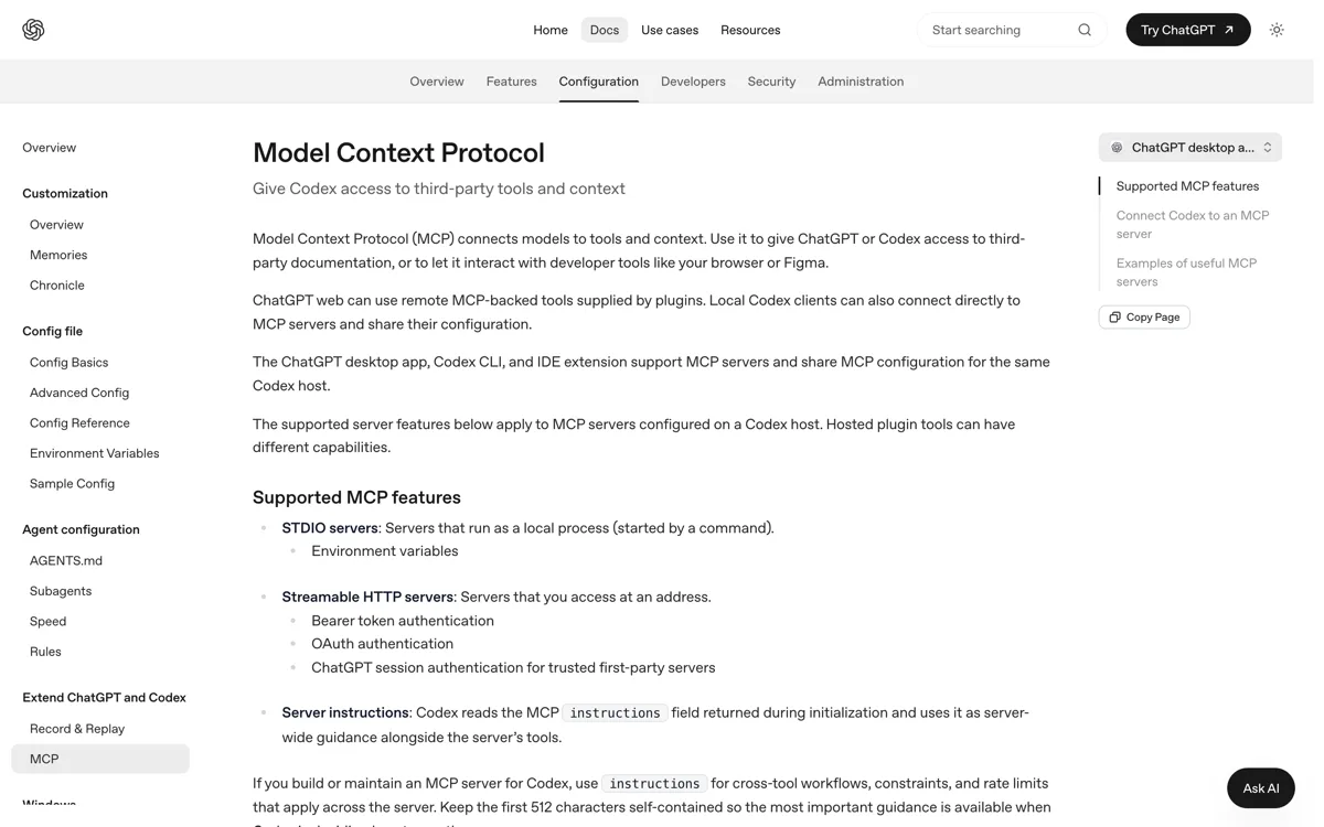 De officiele Codex-documentatie over MCP met het configuratievoorbeeld en de melding dat de desktop-app, de CLI en de IDE-extensie dezelfde MCP-instellingen delen.