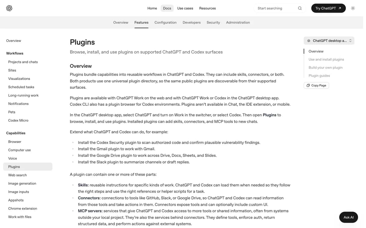 De officiele Codex-pluginsdocumentatie met de opsomming van onderdelen die een plugin kan bevatten, waaronder skills, connectors, MCP-servers en hooks.