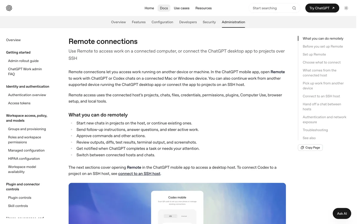 De officiele Codex-documentatie over remote connections met de vereisten om vanaf je telefoon een sessie op je computer te besturen.