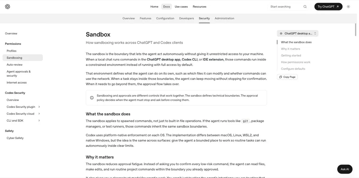 De officiele Sandbox-documentatie van Codex met de uitleg dat de sandbox de grens is waarbinnen de agent zelfstandig mag werken, dat commando's uit de ChatGPT-desktopapp, de Codex CLI en de IDE-extensie in een begrensde omgeving draaien in plaats van met volledige toegang, en dat de sandbox ook geldt voor processen die de agent zelf start zoals git, packagemanagers en testrunners.
