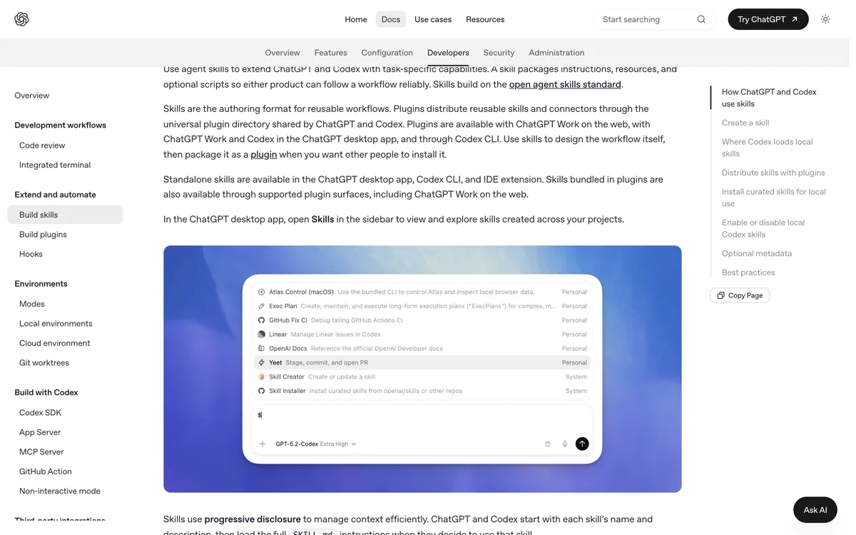 De officiele Codex-documentatie over skills bouwen met de tabel van zoekpaden voor skills op repo-, gebruikers- en beheerdersniveau.