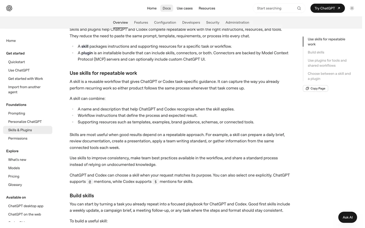 De officiele Codex-documentatie over skills en plugins met de uitleg over hoe je een skill expliciet aanroept met een dollarteken.