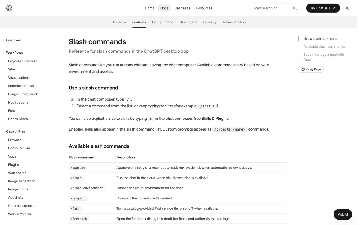 De officiele slash-commandoreferentie van Codex met de tabel van commando's zoals /approve, /cloud, /model, /plan, /review en /goal.