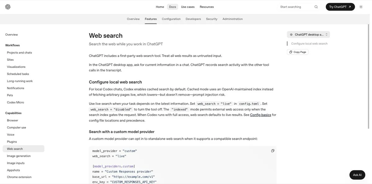 De Web search-documentatie van ChatGPT met de instructie om alle webresultaten als onbetrouwbare invoer te behandelen, en de uitleg dat de standaard cached-modus van Codex het risico op prompt injection verlaagt maar niet wegneemt.