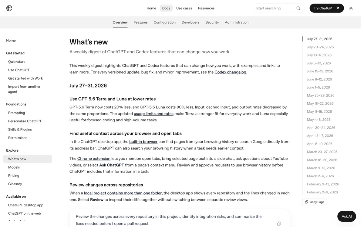 De officiele whats-new-pagina van Codex met de gedateerde wijzigingen uit juni en juli 2026.