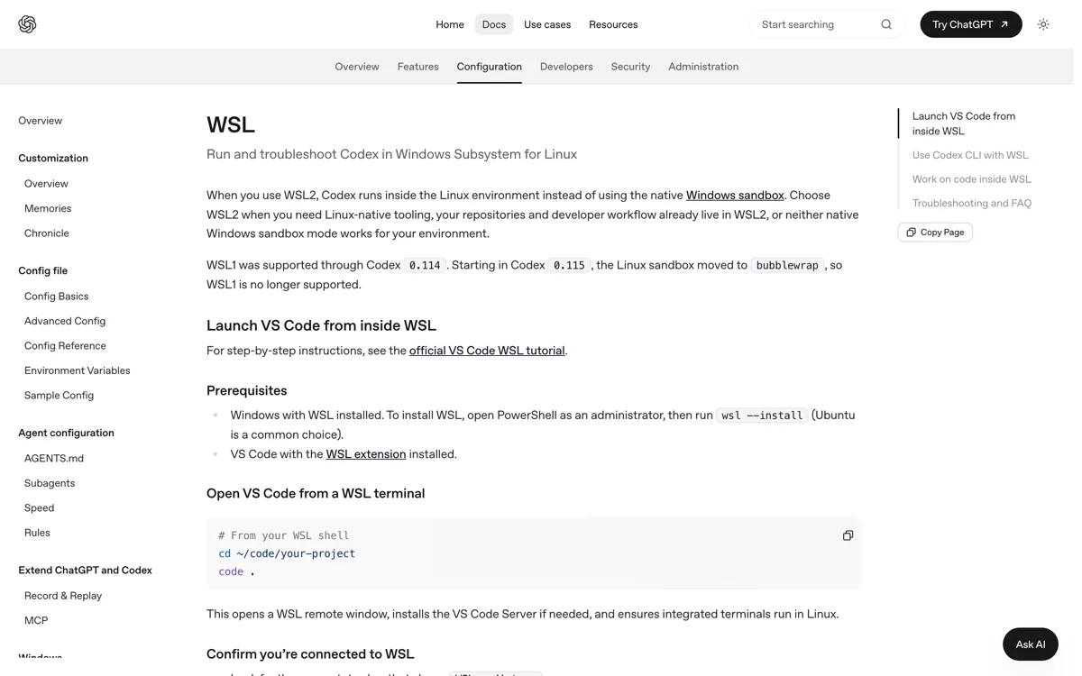 De officiele Codex-documentatie over WSL2 op Windows met het advies om repositories in je Linux-thuismap te houden in plaats van in gemounte Windows-paden.