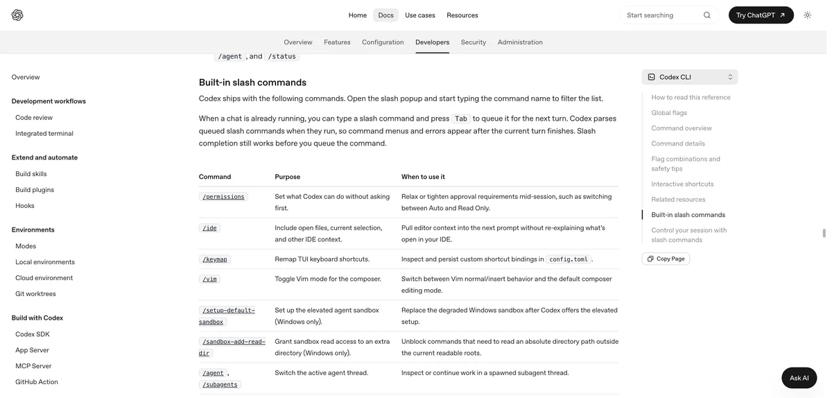 De officiele Codex CLI-referentie van OpenAI met de tabel van ingebouwde slash commands: /permissions, /ide, /keymap, /vim, /setup-default-sandbox, /sandbox-add-read-dir en /agent, elk met doel en gebruiksmoment.