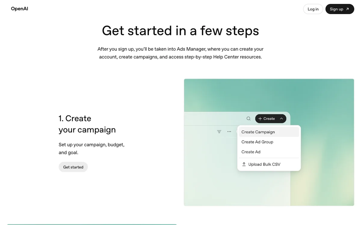 Stap 1 van de OpenAI Ads Manager: een campagne aanmaken via het Create-menu, met opties voor campagnes, ad groups, losse advertenties en bulk CSV-upload.