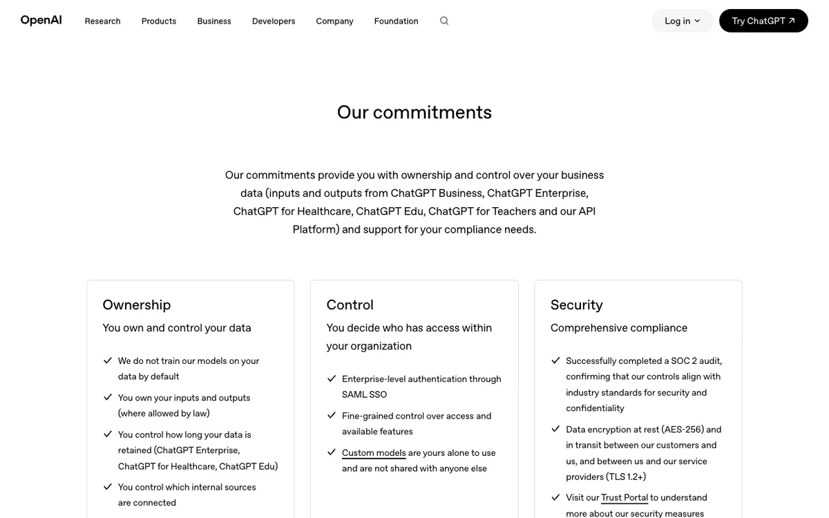 De officiële enterprise-privacypagina van OpenAI (bijgewerkt 8 januari 2026) met de drie zakelijke beloften: Ownership, Control en Security, waaronder "We do not train our models on your data by default".