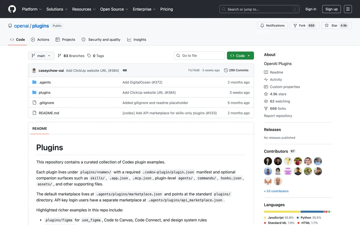De openai/plugins-repository op GitHub met de gecureerde collectie Codex-pluginvoorbeelden en het aantal sterren en forks.