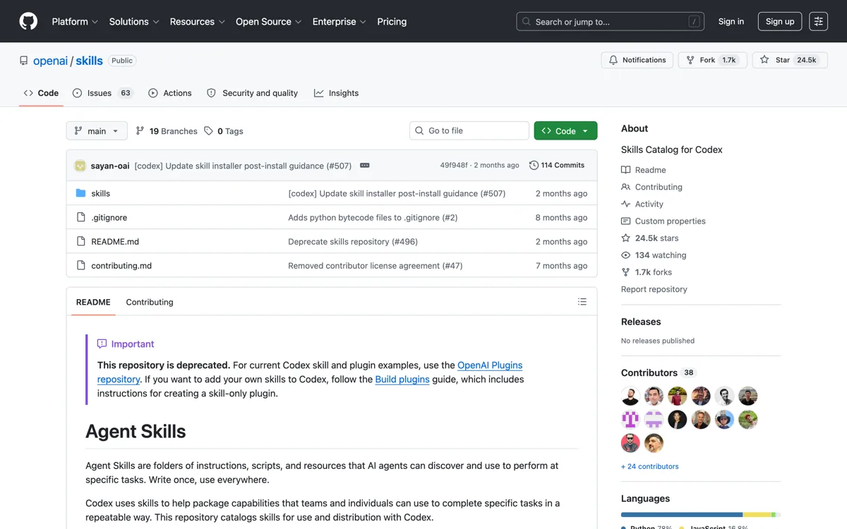 De README van de openai/skills-repository op GitHub met de melding dat de repository deprecated is en dat je voor actuele voorbeelden bij openai/plugins moet zijn.