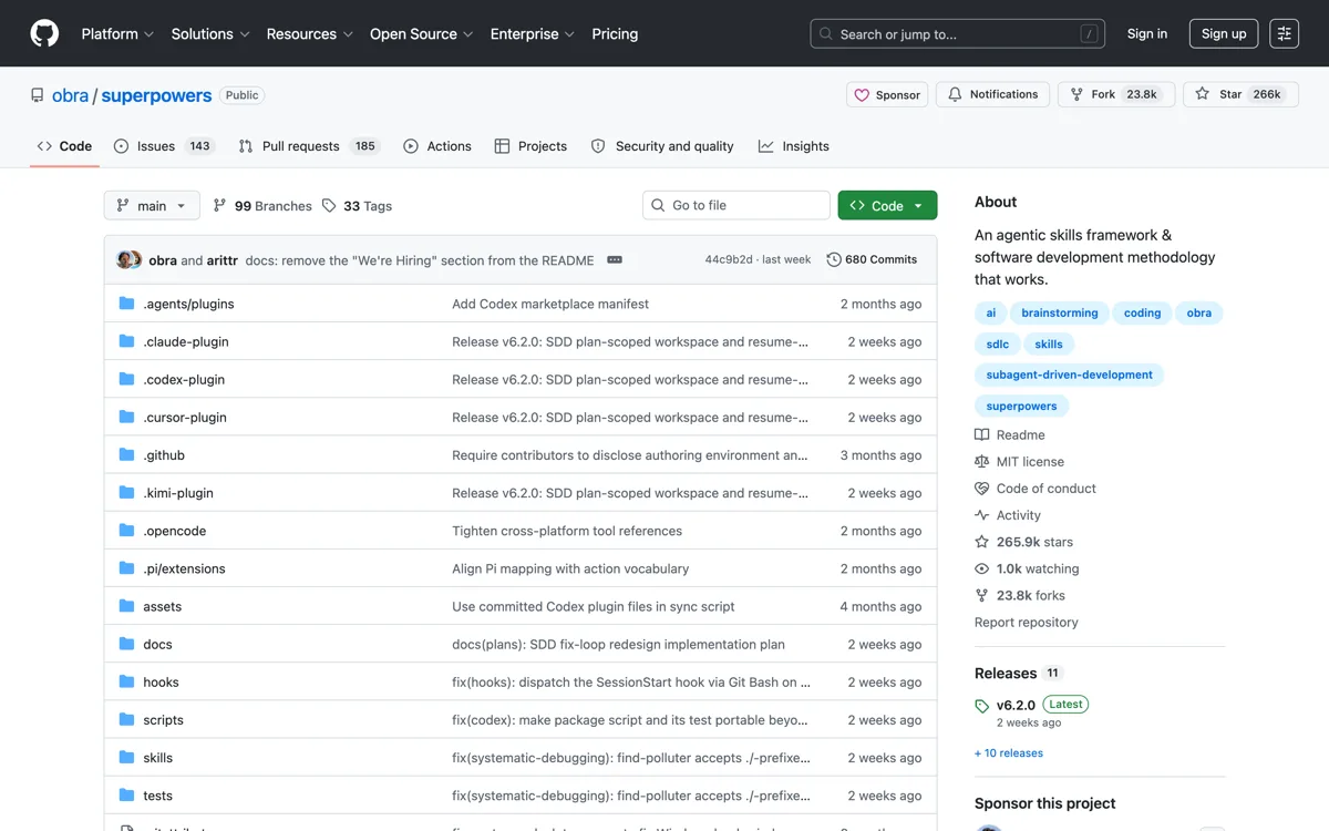 De obra/superpowers-repository op GitHub met het sterrenaantal en de installatie-instructies voor de Codex App en de Codex CLI.