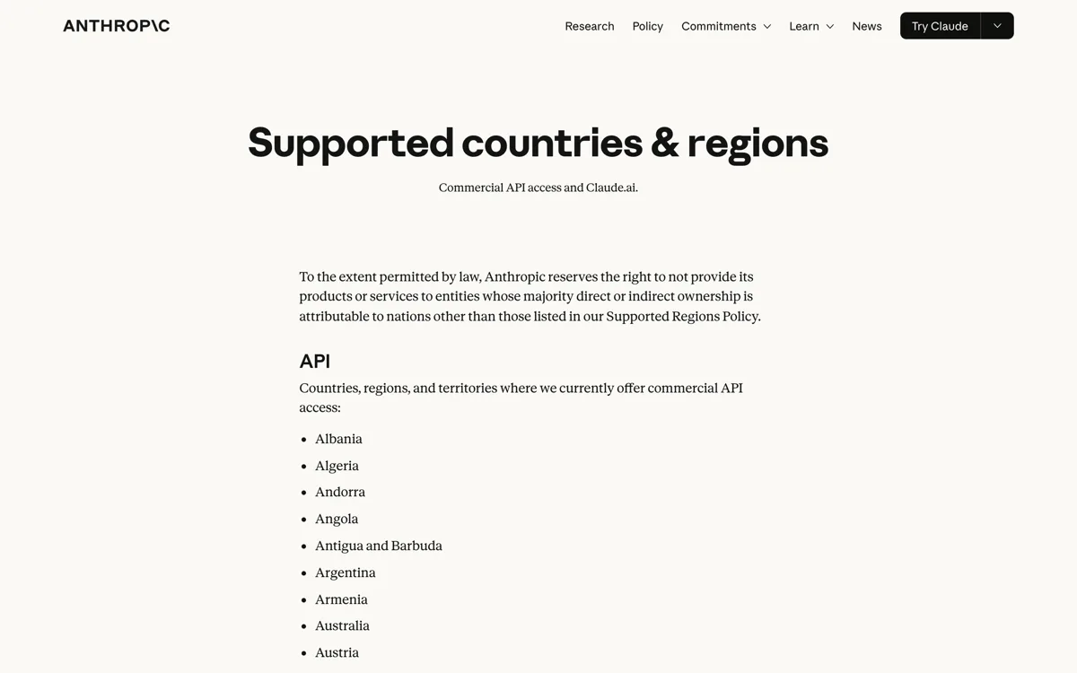 De officiele lijst met door Anthropic ondersteunde landen waarin Nederland zowel bij de API als bij claude.ai wordt genoemd.