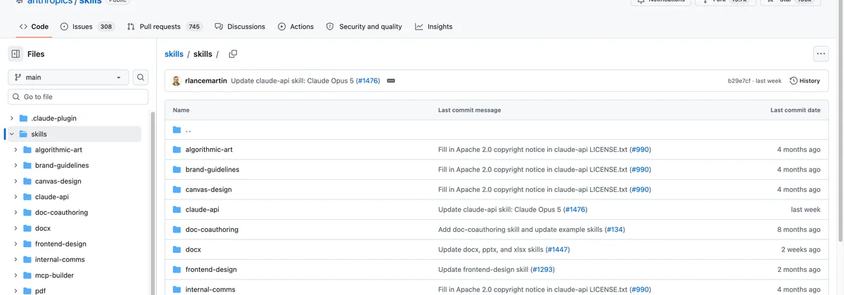 De officiele repo anthropics/skills op GitHub met 166k sterren, waarin de mappen skills, spec en template staan: de zeventien officiele Agent Skills, de open specificatie en een lege startmap om zelf mee te beginnen.