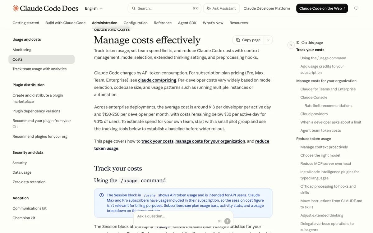 De officiele kostendocumentatie van Claude Code waarin staat dat agent teams ongeveer zeven keer zoveel tokens gebruiken als een gewone sessie wanneer teamleden in plan mode draaien.