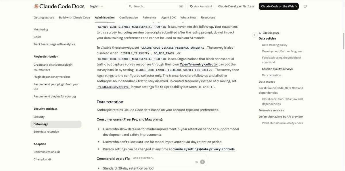 De sectie Data retention in de Claude Code-documentatie met de bewaartermijnen per accounttype: vijf jaar voor consumenten die datagebruik voor modelverbetering toestaan, dertig dagen voor wie dat niet doet, en dertig dagen als standaard voor commerciele accounts.
