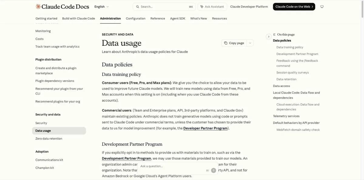 De officiele Data usage-documentatie van Claude Code met het trainingsbeleid per accounttype: consumentenaccounts op Free, Pro en Max kunnen kiezen of hun data gebruikt wordt om toekomstige Claude-modellen te verbeteren, terwijl commerciele klanten op Team, Enterprise en de API onder bestaand beleid vallen waarbij Anthropic niet traint op code of prompts.