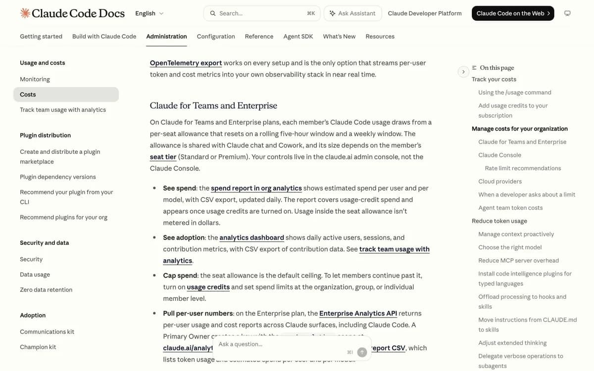 De officiele kostendocumentatie van Claude Code waarin staat dat het verbruik per zitplaats uit een rollend venster van vijf uur en een weekvenster komt en dat die pot wordt gedeeld met Claude chat en Cowork.