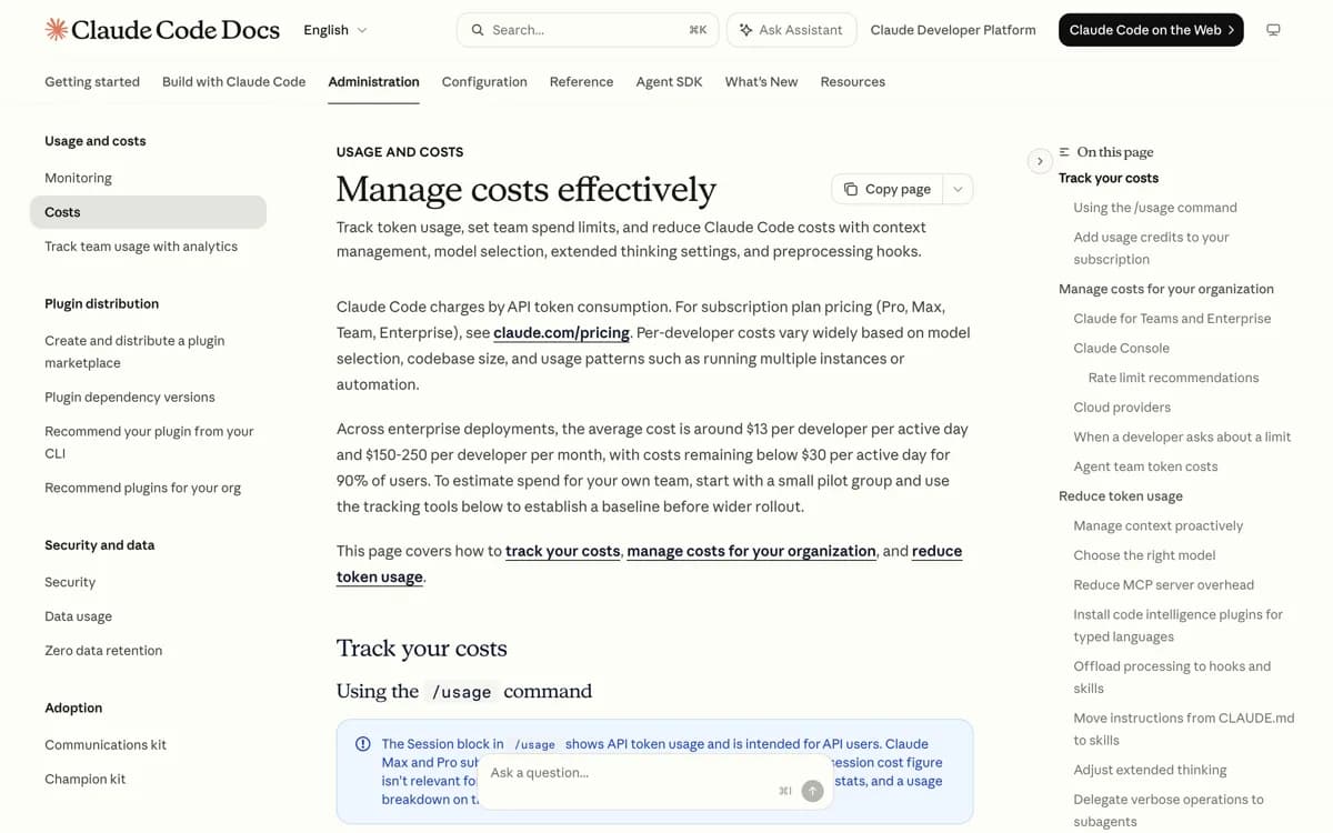De officiele kostendocumentatie van Claude Code met de vermelding dat de gemiddelde kosten rond 13 dollar per ontwikkelaar per actieve dag liggen en 150 tot 250 dollar per maand.
