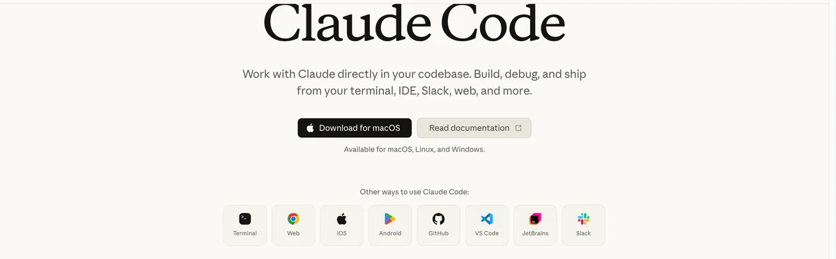 De officiële Claude Code-pagina van Anthropic met de acht plekken waar je Claude Code kunt gebruiken: terminal, web, iOS, Android, GitHub, VS Code, JetBrains en Slack.