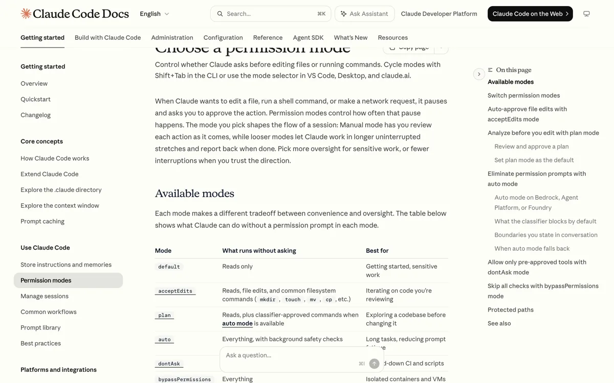 De officiele documentatie van Claude Code met de statusbalklabels die per permissiemodus verschijnen, van plan mode on tot accept edits on, auto mode on en bypass permissions on.