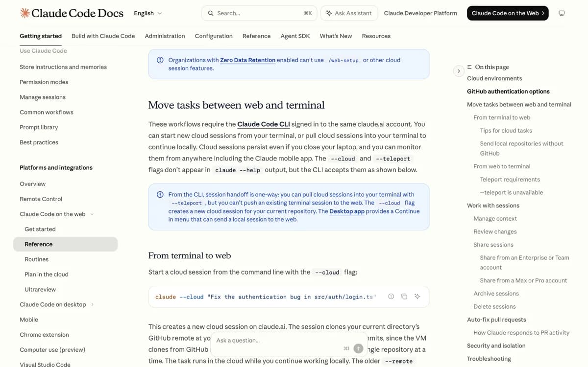 De officiele documentatie van Claude Code op het web met de vier manieren om een cloudsessie naar je terminal te halen en de tabel met voorwaarden voor teleport, waaronder een schone git-status en een gepushte branch.