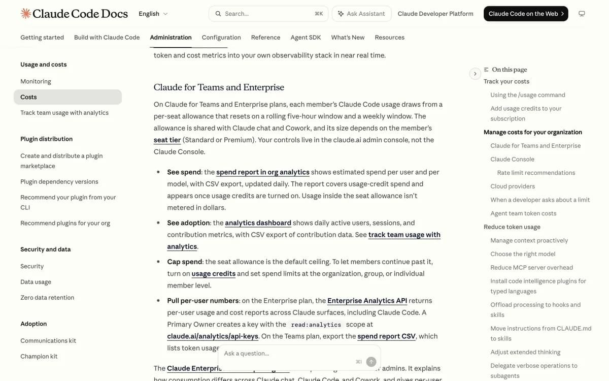 Het officiele blok in de Claude Code-documentatie met de vijf redenen waarom het verbruik in een lange sessie oploopt, waaronder lange context, cache misses en actieve teamleden.
