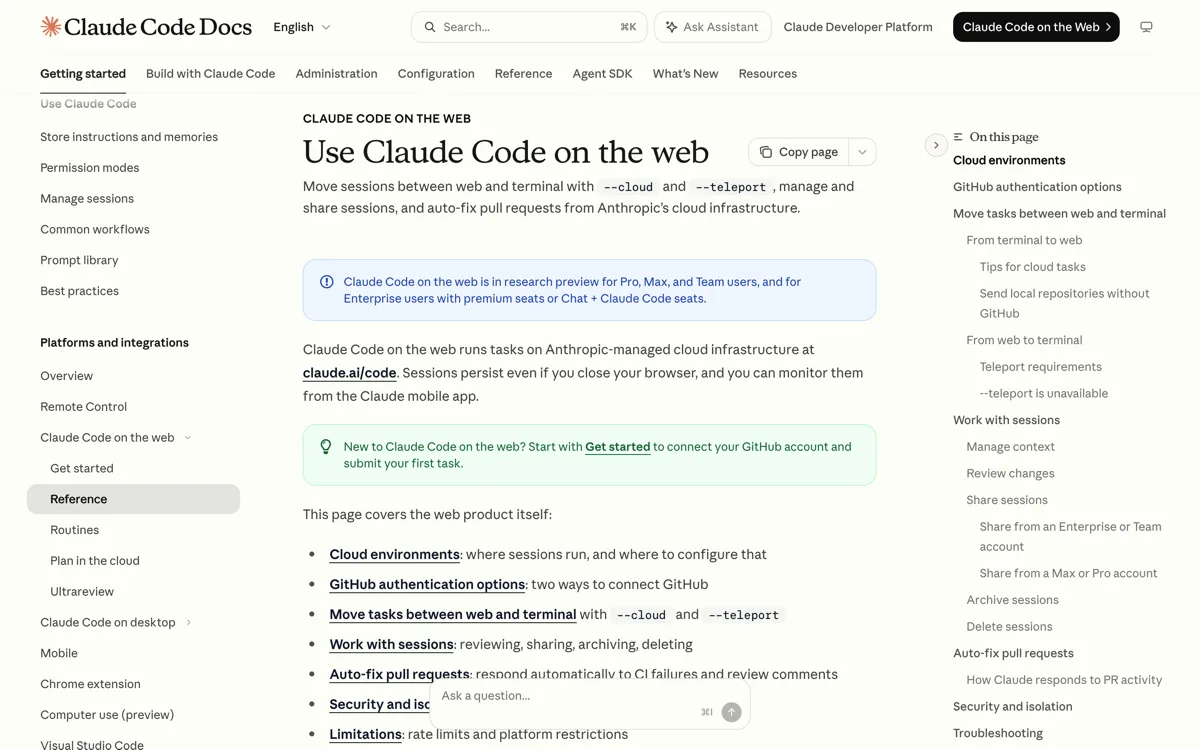 De officiele documentatie van Claude Code op het web met de mededeling dat het in research preview is voor Pro, Max en Team en op Enterprise een premium seat of een Chat plus Claude Code-seat vereist.
