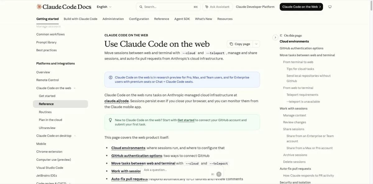 De documentatie over Claude Code op het web, met de melding dat het een research preview is voor Pro, Max en Team en voor Enterprise-gebruikers met premium seats, en dat sessies draaien op door Anthropic beheerde cloudinfrastructuur op claude.ai/code.