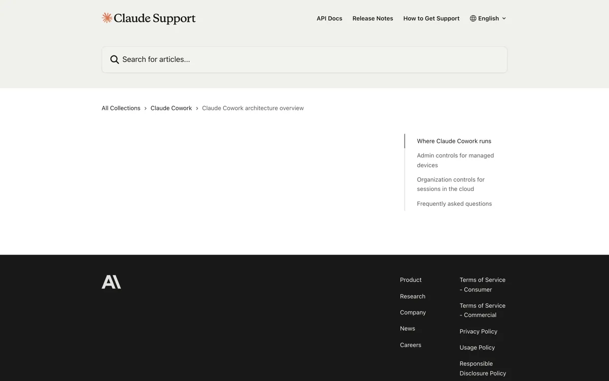 Het officiele architectuurartikel over Claude Cowork waarin het verschil staat tussen remote sessies in een sandbox op Anthropic-infrastructuur en lokale sessies waarbij code-uitvoering in een virtuele machine draait via Apple Virtualization framework of Hyper-V.