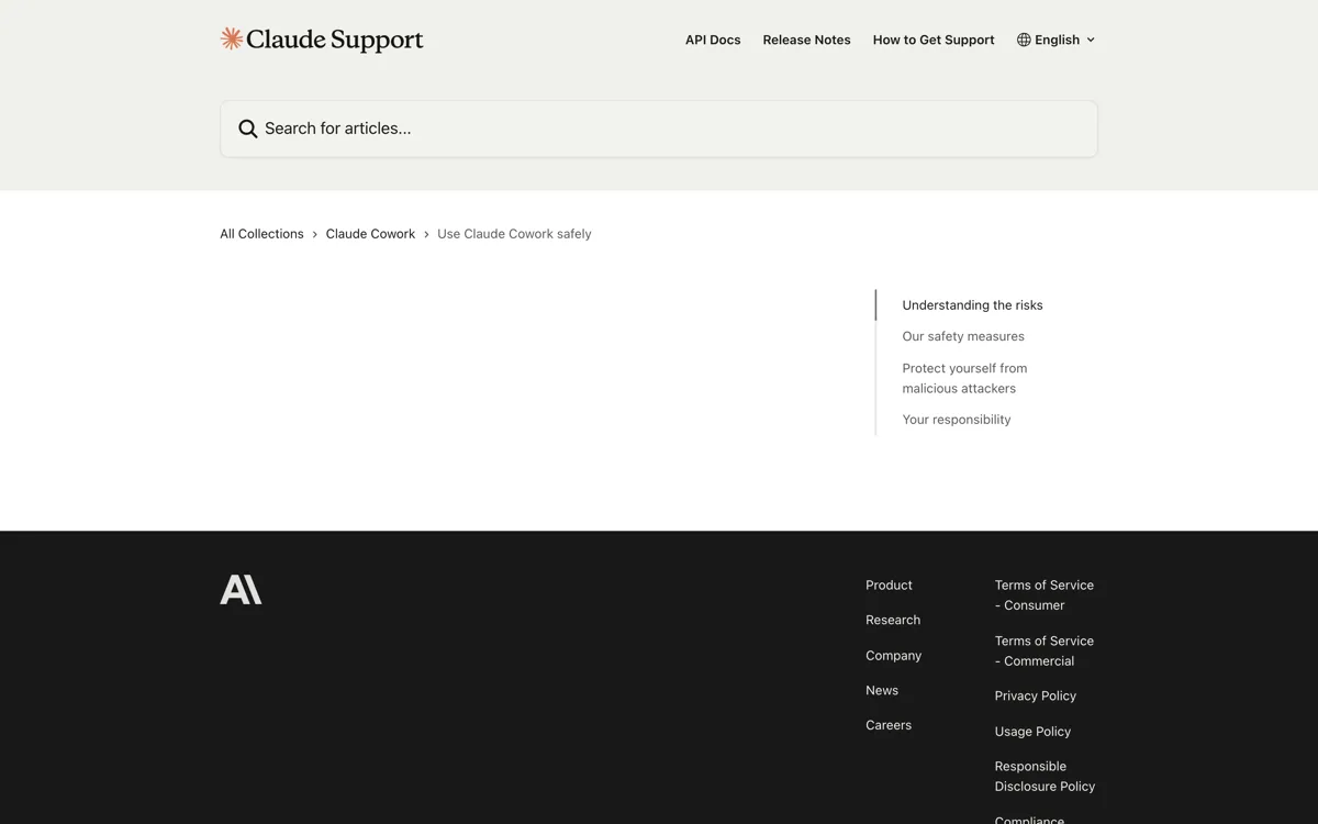 Het officiele supportartikel over veilig werken met Claude Cowork waarin staat dat je gevoelige applicaties kunt blokkeren voor computergebruik en webtoegang kunt beperken tot vertrouwde sites.