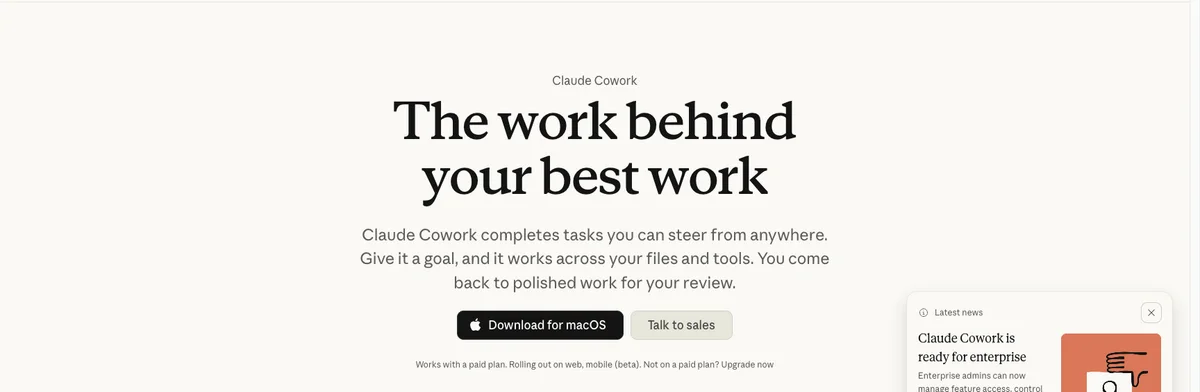 De officiële Cowork-productpagina van Anthropic met de belofte "The work behind your best work" en de noot dat het met een betaald abonnement werkt en op web en mobiel in beta uitrolt.