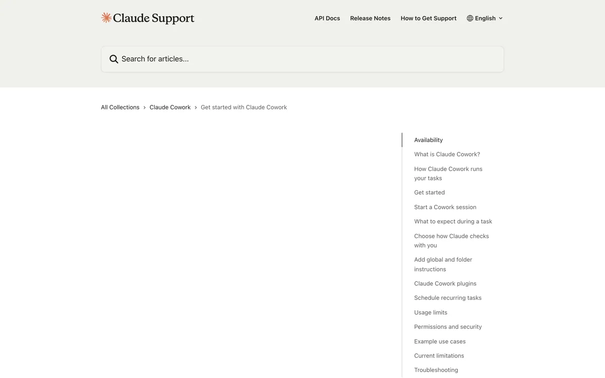 Het officiele supportartikel over de start met Claude Cowork waarin staat dat je Cowork kiest in het berichtvak, de taak beschrijft en vaste instructies vastlegt onder Settings en Cowork.