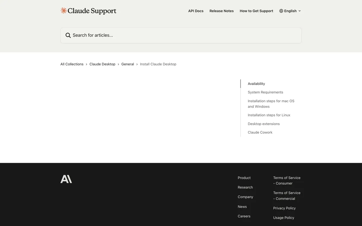 Het officiele supportartikel over het installeren van Claude Desktop met de lijst ondersteunde besturingssystemen, waaronder macOS 11 en hoger, Windows 10 en hoger en een Linux-versie in beta voor Ubuntu en Debian.
