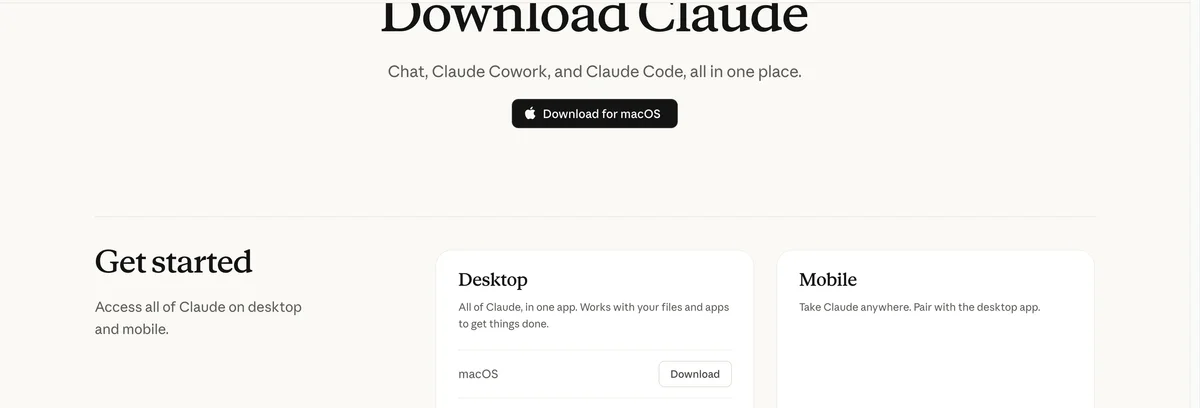 De officiële downloadpagina claude.com/download op 1 augustus 2026: één desktop-app met Chat, Cowork en Claude Code erin, met losse knoppen voor macOS, Windows en Windows arm64.
