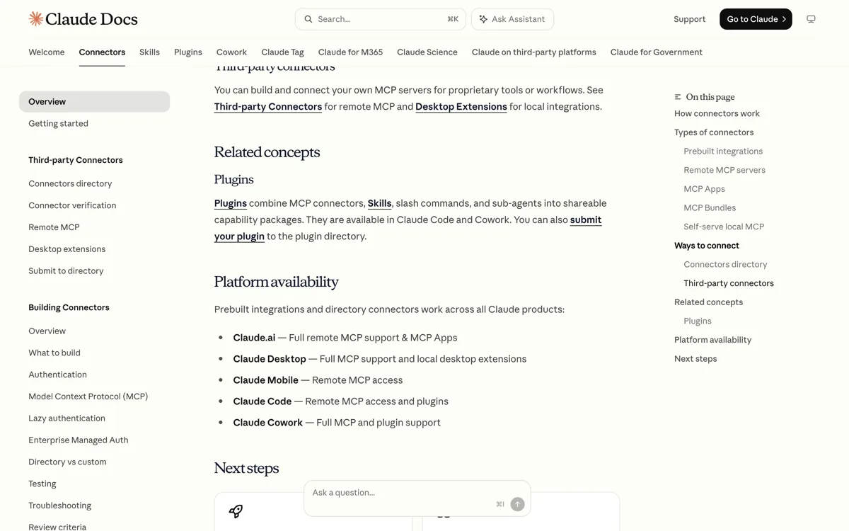 De officiele connectordocumentatie van Claude waarin staat dat plugins MCP-connectors, skills, slash-commando's en subagents bundelen tot deelbare pakketten die in Claude Code en Cowork werken.