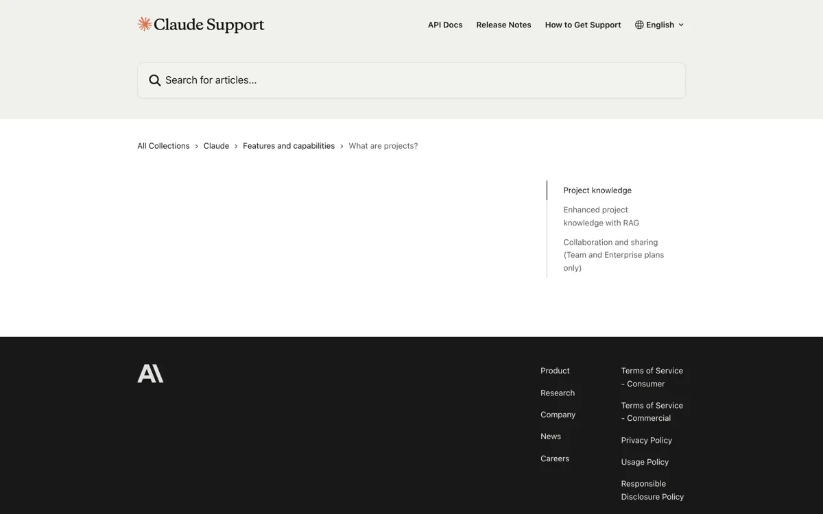 Het officiele supportartikel over Claude Projects waarin staat dat een gratis account maximaal vijf projecten heeft en dat Claude bij betaalde abonnementen automatisch overschakelt naar RAG om de kenniscapaciteit tot tien keer te vergroten.