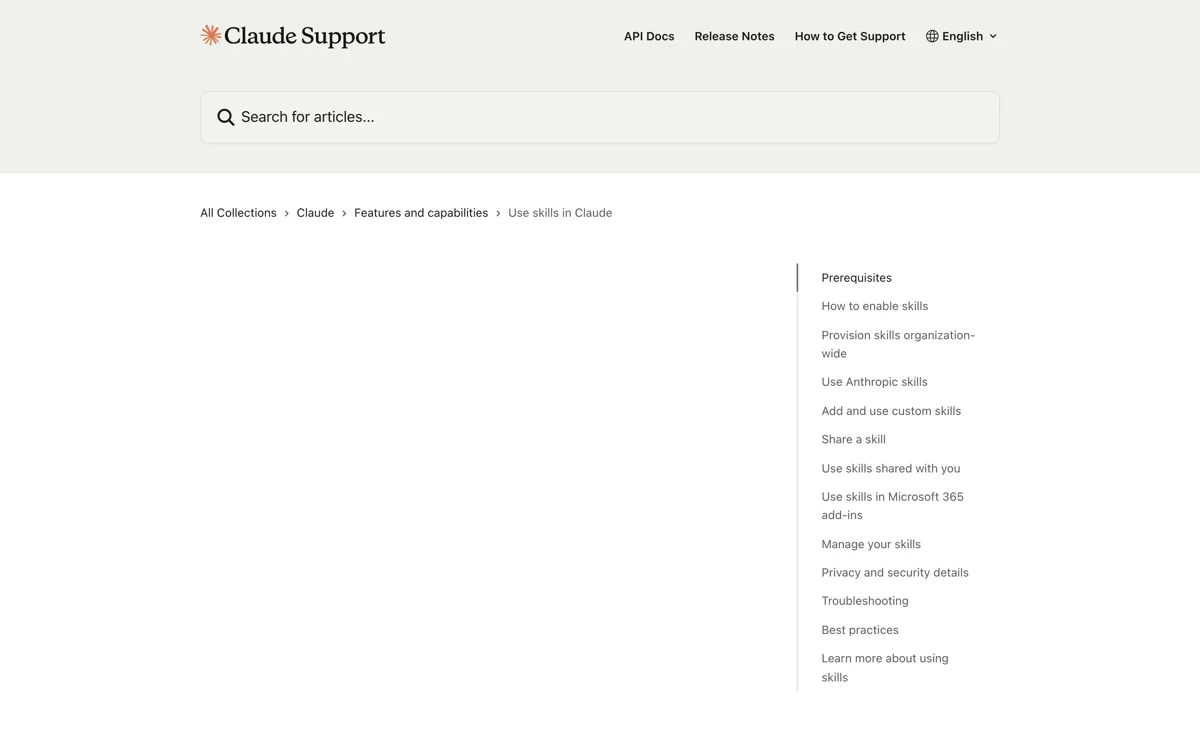 De organisatie-instellingen voor Claude skills in het officiele supportartikel, met de schakelaars voor code-uitvoering en bestandscreatie, voor skills zelf en voor het delen van skills binnen de organisatie.