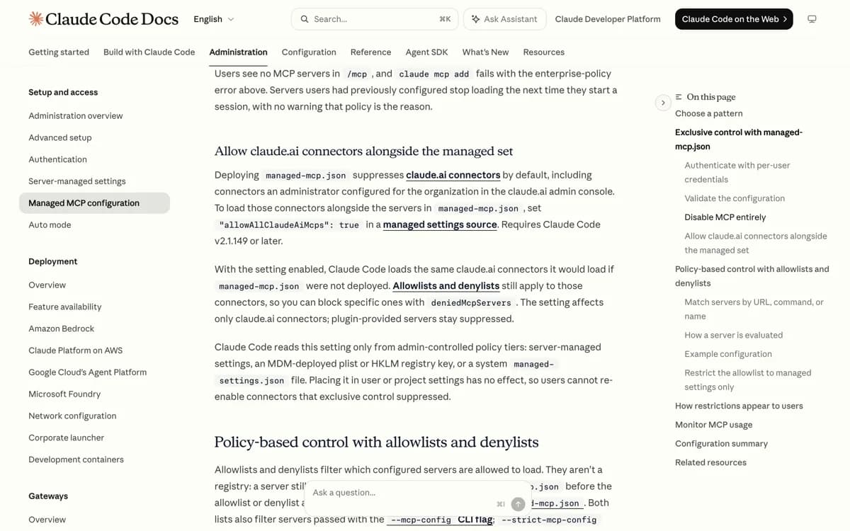 De officiele Claude Code-pagina over beheerde MCP waarin Anthropic letterlijk stelt dat het connectors toetst aan listingcriteria maar geen beveiligingsaudit uitvoert op en geen enkele MCP server beheert.