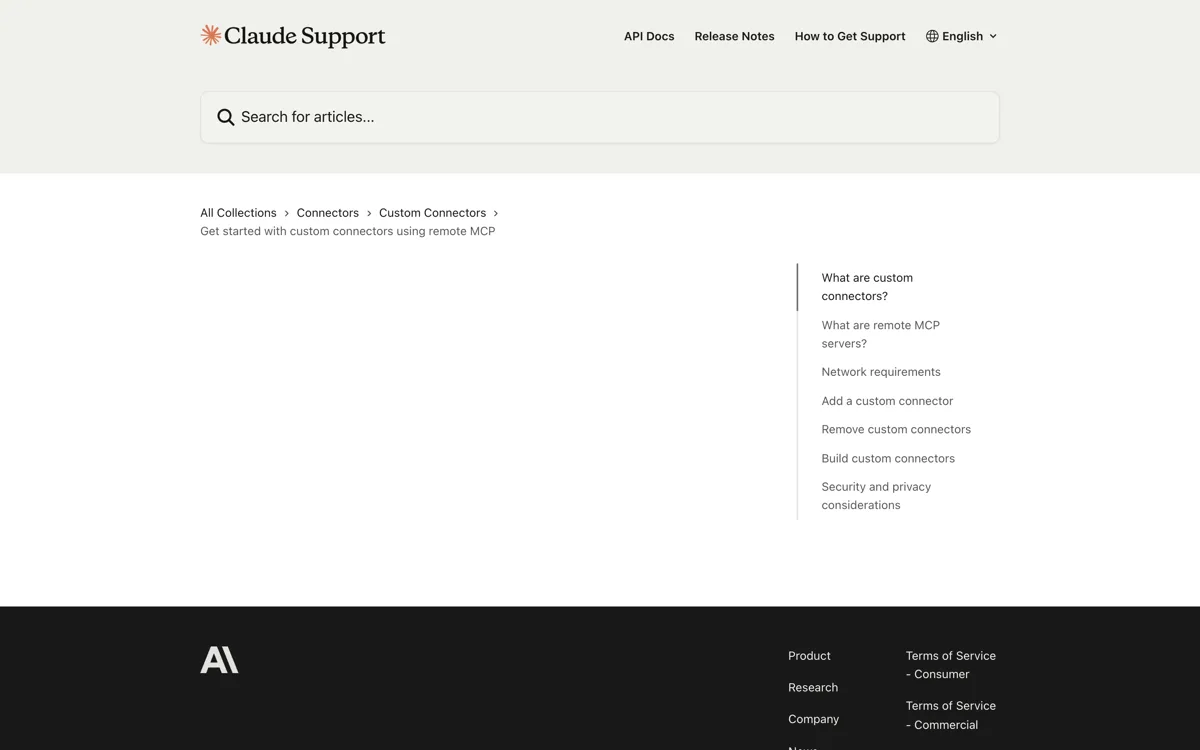 Het officiele supportartikel over custom connectors via remote MCP waarin de route Customize, Connectors en Add custom connector staat, met de bevestiging dat Free-gebruikers maar een custom connector mogen hebben en dat alleen Owners ze op Team en Enterprise toevoegen.