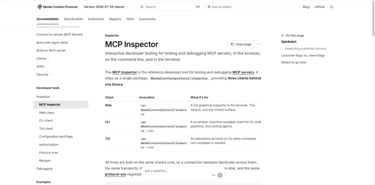 De documentatie van de MCP Inspector, het officiele ontwikkelaarsgereedschap om MCP-servers te testen en debuggen, met de drie clients in een pakket: een grafische webinspector, een scriptbare CLI-client voor CI en shellpipelines, en een TUI-client voor in de terminal.