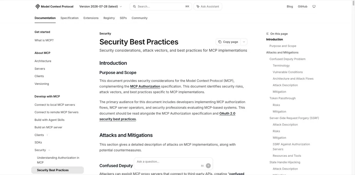 De pagina Security Best Practices van het Model Context Protocol met de beveiligingsoverwegingen en aanvalsvectoren voor MCP-implementaties, waaronder het confused deputy-probleem, token passthrough en server-side request forgery.