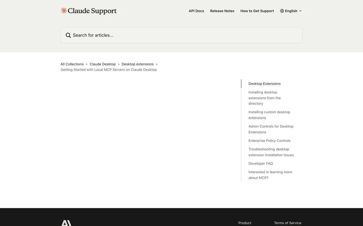 Het supportartikel over lokale MCP servers op Claude Desktop met de route Settings, Extensions en Browse extensions en de bevestiging dat gevoelige velden versleuteld worden opgeslagen in de macOS Keychain of de Windows Credential Manager.