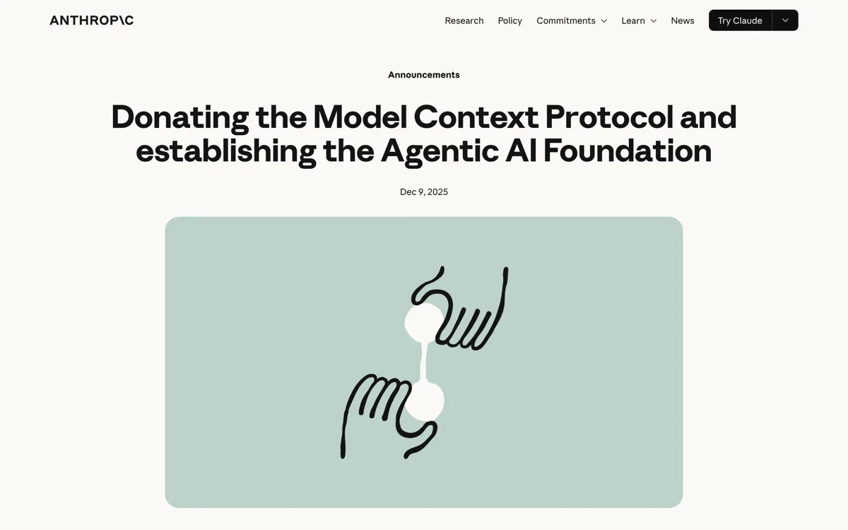 Het Anthropic-nieuwsbericht van 9 december 2025 waarin staat dat het Model Context Protocol is overgedragen aan de Agentic AI Foundation, mede opgericht door Anthropic, Block en OpenAI.