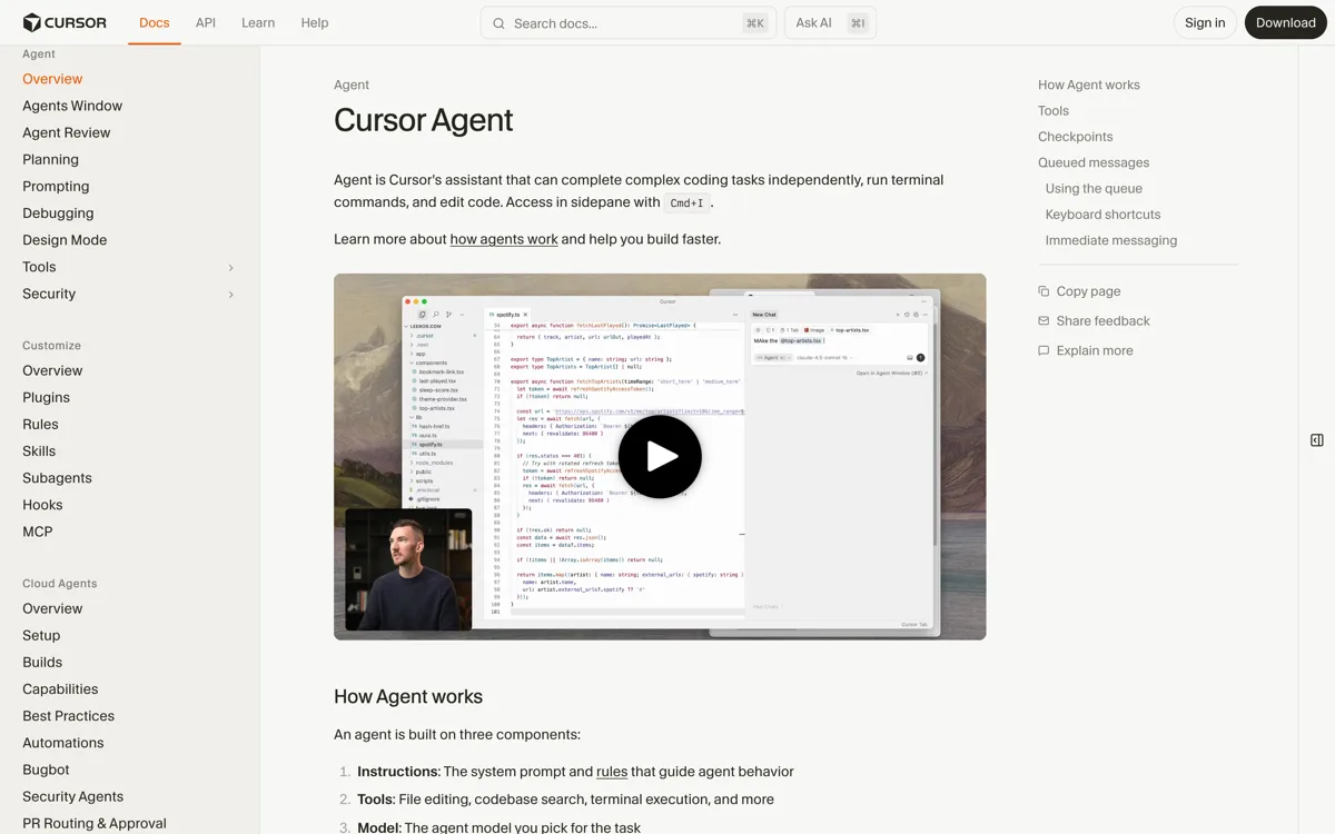 De officiele documentatie van Cursor Agent met de lijst beschikbare tools zoals zoeken in bestanden, web search, bestanden lezen en bewerken, shell-commando-s uitvoeren en een browser aansturen, en de vermelding dat er geen limiet zit op het aantal tool calls dat de Agent tijdens een taak kan doen.