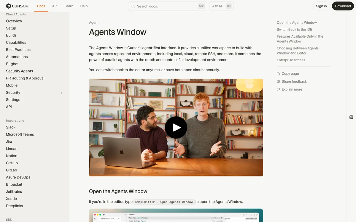 De officiele documentatie over het Agents Window van Cursor, met de omschrijving als agent-first werkomgeving voor meerdere repositories en omgevingen zoals lokaal, cloud en remote SSH, en de uitleg wanneer je het Agents Window kiest en wanneer de klassieke editor.