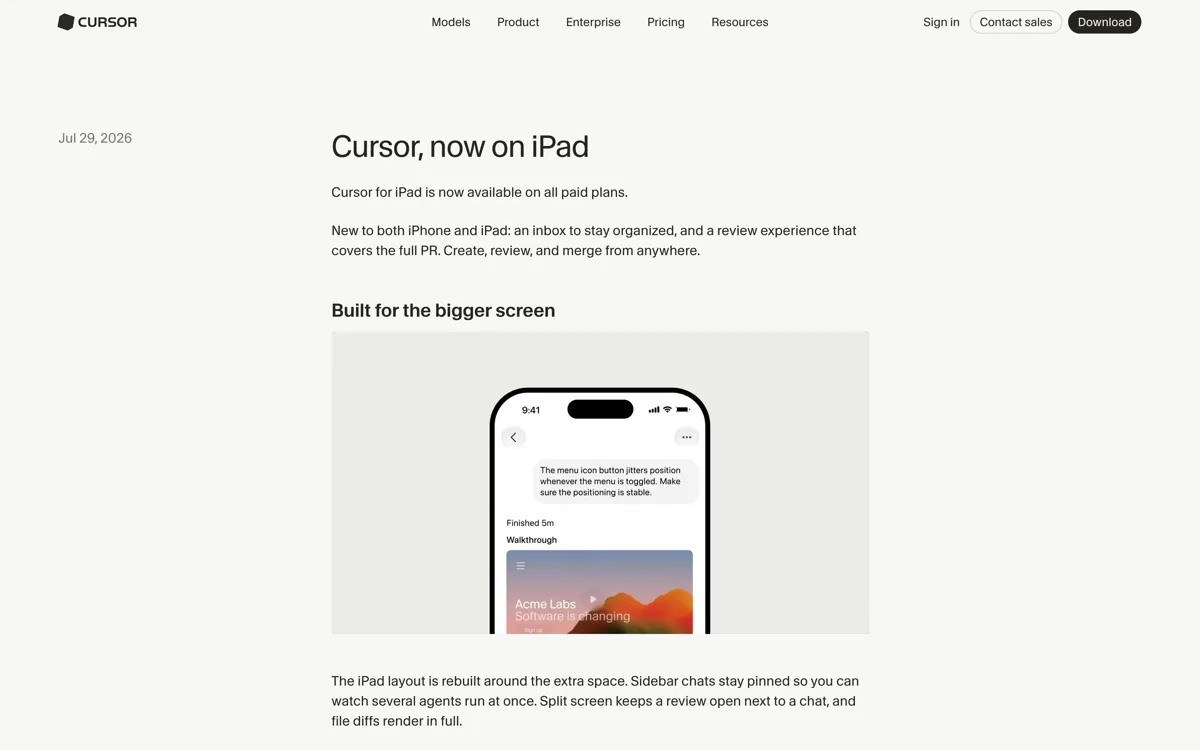 De officiele changelog van Cursor met bovenaan de ongenummerde items van 29, 28, 22 en 17 juli 2026 over de iPad-app, Cursor Start, Cursor Router en Cursor in Slack, en daaronder versie 3.11 van 10 juli 2026 als laatste genummerde release met de titel Side Chats and Conversation Search.