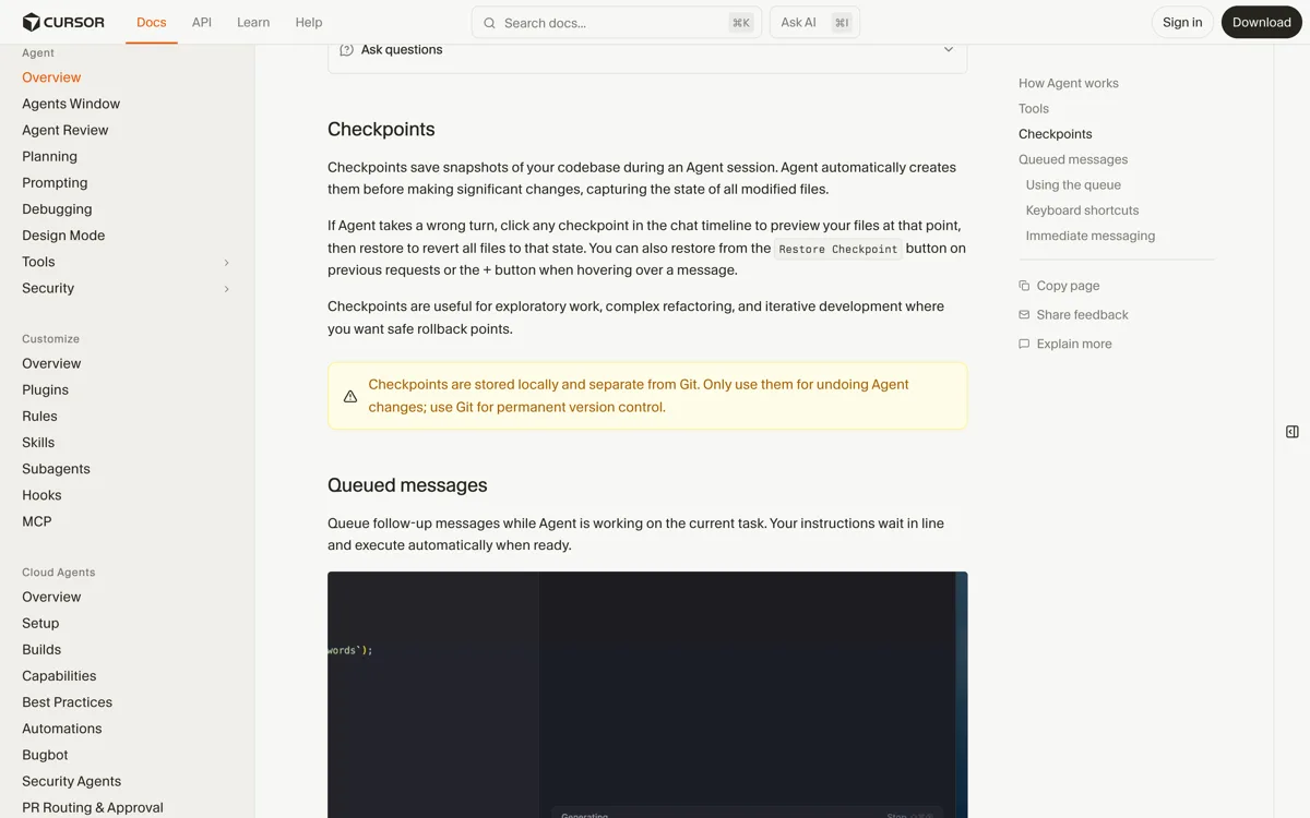 De sectie Checkpoints in de officiele Cursor Agent-documentatie, met de waarschuwing dat checkpoints lokaal worden opgeslagen en losstaan van Git en dat je ze alleen moet gebruiken om agentwijzigingen ongedaan te maken, terwijl Git voor permanent versiebeheer blijft.
